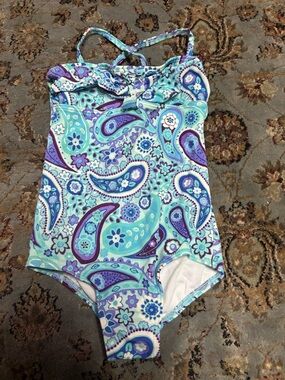Lands' End Kids Light Blue and Purple Patterned Swim Suit One Piece